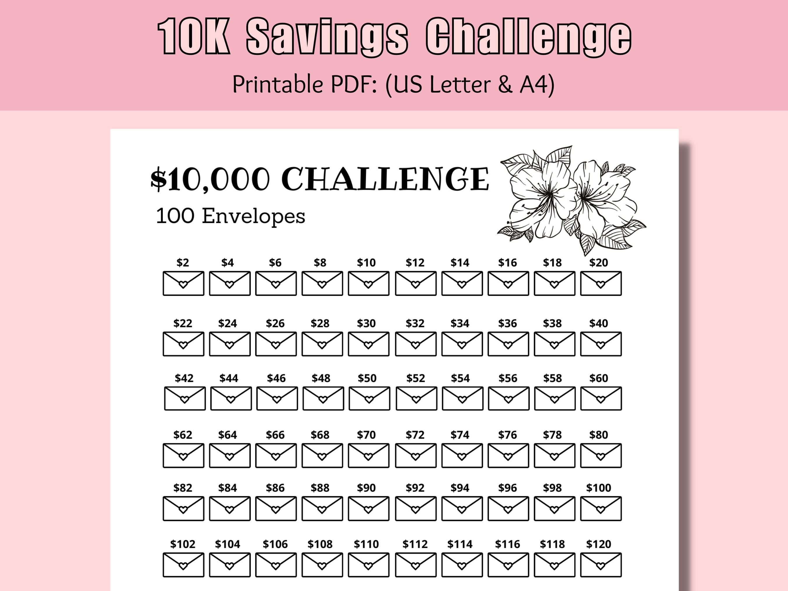 10k 100 Envelope Challenge Printable Money Saving Challenge 100 Days ...