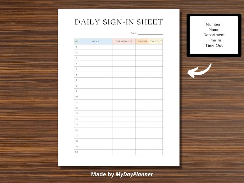 Daily Sign-in Sheet Printable Employee Timesheet Log Book Time ...