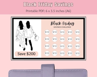 Puede incluir: Dibujo en blanco y negro de dos personas comprando. Un desafío de ahorro de Black Friday imprimible con 20 círculos, cada uno con el texto "10 €" en su interior. El texto "Ahorra 200 €" está en la parte inferior de la imagen.