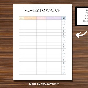 Movies to Watch List Printable Movie Night Schedule Movie - Etsy