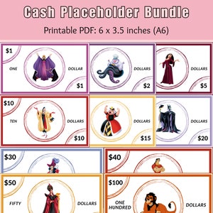 Printable Villains Cash Placeholders - Cash Envelope Placeholder Sinking Fund Savings - Prop Bills Fits A6 Budget Binder Cash Envelope - PDF