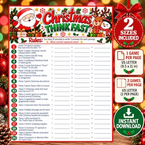 May include: A Christmas Think Fast game sheet featuring Santa, a reindeer, and a snowman at the top. The page includes twenty numbered prompts with blank lines for three answers each, plus text indicating two sizes included for 8.5 x 11 inch paper.