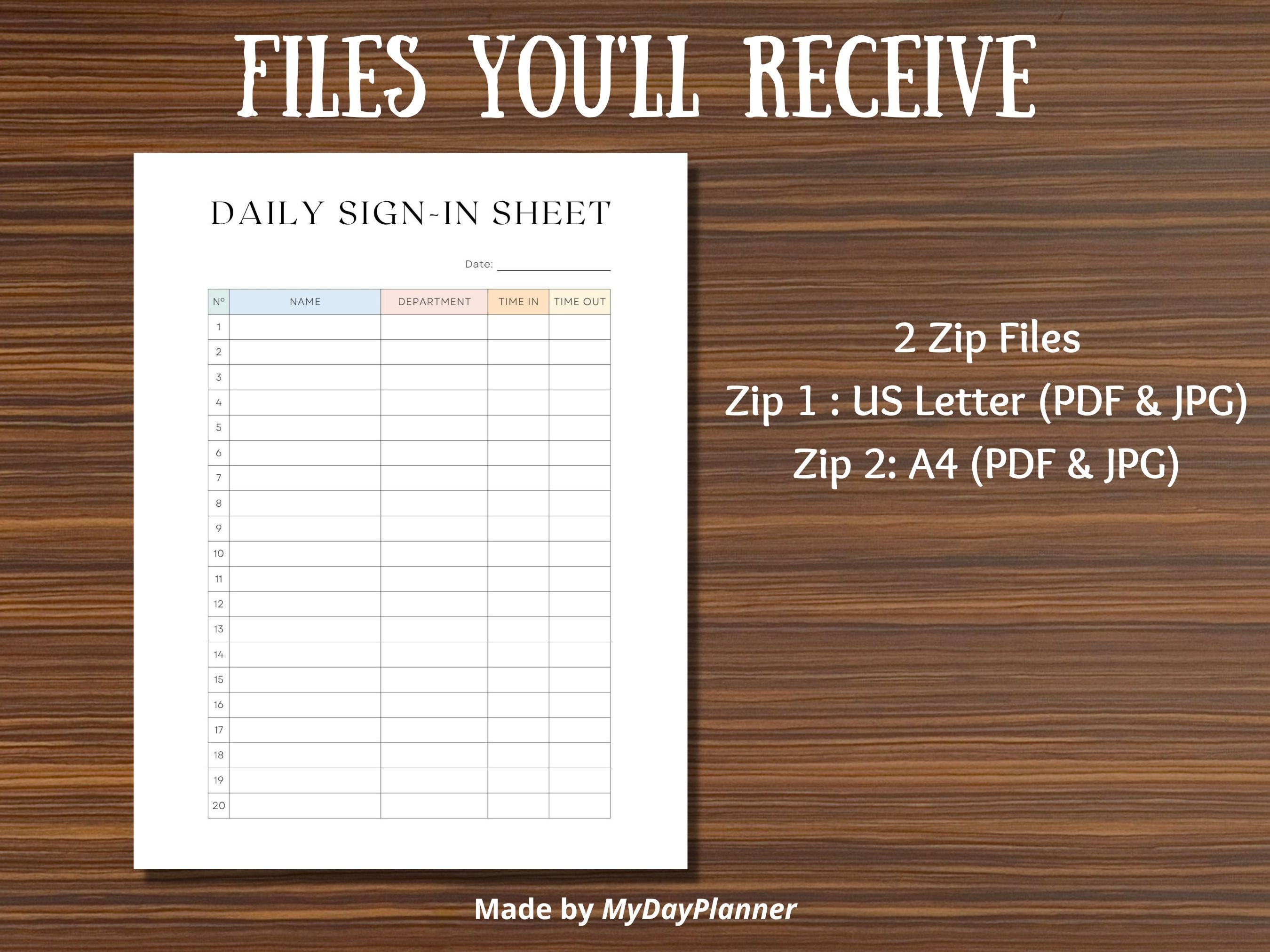Daily Sign-in Sheet Printable Employee Timesheet Log Book Time ...