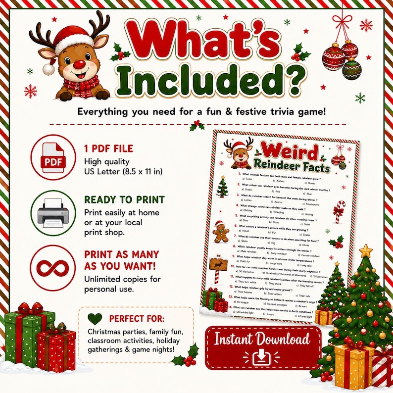 May include: A digital trivia game flyer titled What's Included? featuring a cartoon reindeer, Christmas ornaments, and gift boxes. It lists 1 PDF file at 8.5 x 11 inches, ready to print, and unlimited copies. Includes a Weird Reindeer Facts sheet.