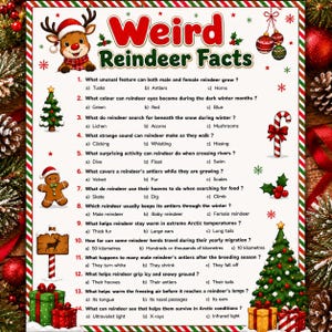 May include: A white rectangular game sheet titled Weird Reindeer Facts featuring a cartoon reindeer, Christmas trees, a gingerbread man, and presents. The sheet contains fourteen multiple-choice questions about reindeer biology with red and green text.