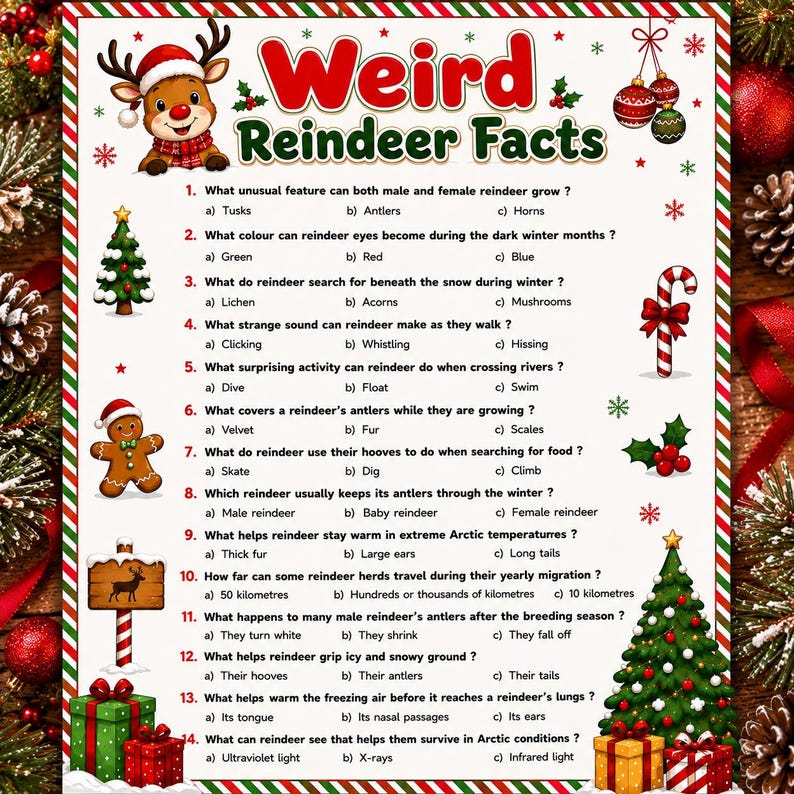 May include: A white rectangular game sheet titled Weird Reindeer Facts featuring a cartoon reindeer, Christmas trees, a gingerbread man, and presents. The sheet contains fourteen multiple-choice questions about reindeer biology with red and green text.