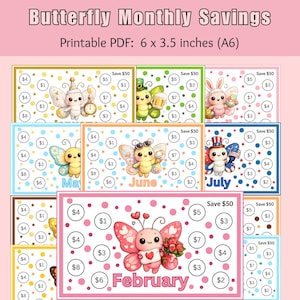 Pode incluir: PDF imprimível colorido com rastreadores de poupança mensais com tema de borboleta. Cada rastreador, com aproximadamente 15,2 x 8,9 cm, apresenta uma ilustração de borboleta única e metas de poupança. Os meses incluem fevereiro, maio, junho e julho, com valores de poupança indicados.