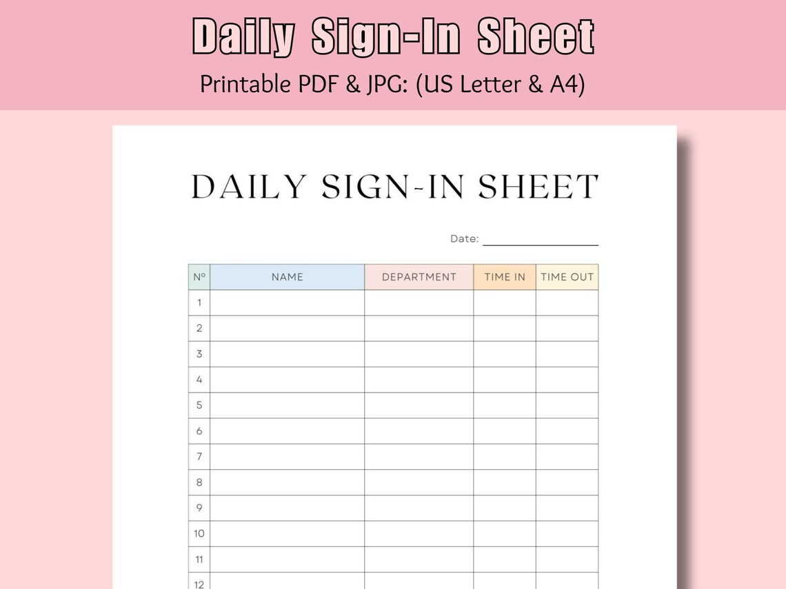 Daily Sign-in Sheet Printable Employee Timesheet Log Book Time ...