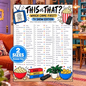 May include: A white game sheet titled This or That? Which Came First? TV Show Edition with a list of 60 television show comparisons, a blue television icon, a red popcorn bucket, a remote control, and a stack of three colorful books.