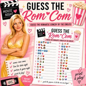 May include: A printable game sheet titled Guess the Rom Com featuring a list of twenty-eight emoji puzzles to identify romantic comedy movies. The design includes a blonde woman in a yellow dress, a popcorn bucket, a movie clapperboard, and pink hearts.