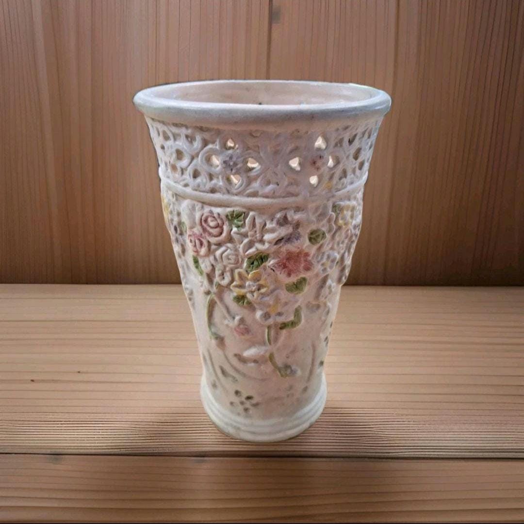 Vase Rim Examples Articulated Floral Relief Ceramic Vase Cutwork Rim Ivory Glaze Vintage ...