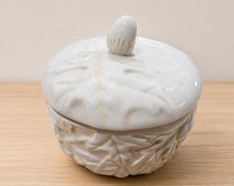 Hallmark White Ceramic Acorn Candy Dish with Lid Leaf Embossed Container