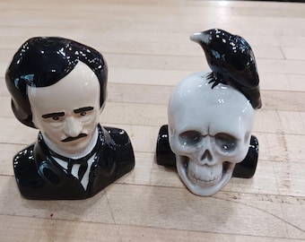 Edgar Allan Poe and Skull Ceramic Salt & Pepper Shakers – Gothic Set