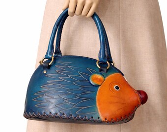 Hedgehog Top Handle Purse Leather Zipper Handbag Blue Orange