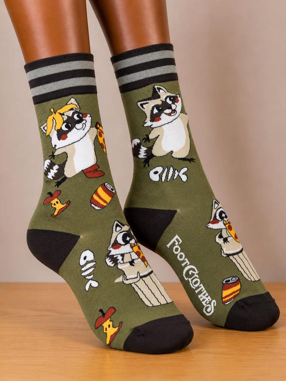 Trash Panda Crew Socks Raccoon Pizza Adult Unisex Novelty Socks