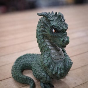 Grumpy Sitting Dragon Figurine Green Fantasy Creature Display