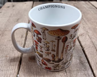 Mushroom Illustration Ceramic Mug with Champignons Rim Text