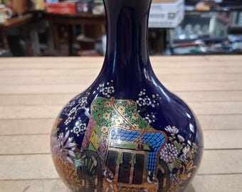 Vintage Japanese Porcelain Vase With Cobalt Blue Glaze and Cart Scene