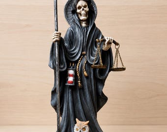 Grim Reaper With Scales Owl Figurine Gothic Death Guardian Statue