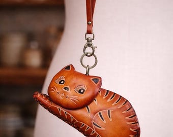 Leather Cat Coin Pouch Wristlet Orange Tabby Reclining Design