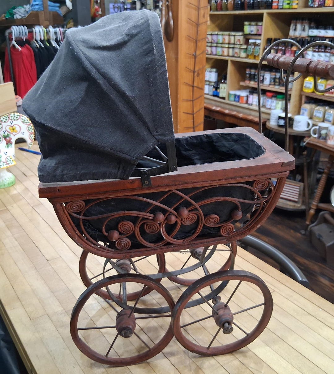 Vintage Wooden Doll Pram With Black Canopy and Wrought Iron Frame - Etsy