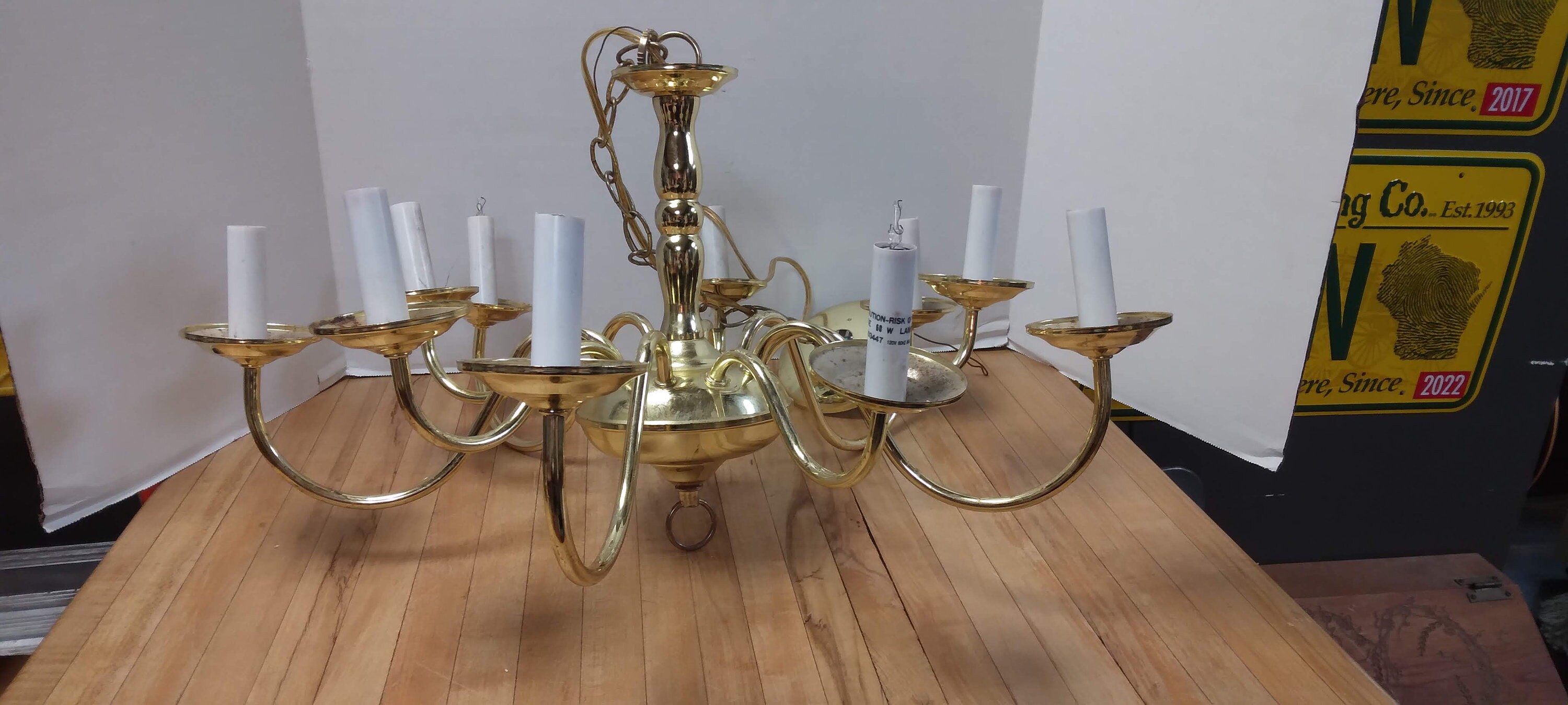 Vintage Underwriters Laboratories Brass 10 Arm Ceiling Chandelier