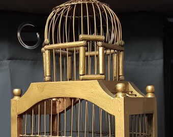 Vintage Golden Wood and Metal Hanging Birdcage