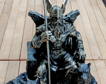 Odin Figurine on Throne – Norse God Statue with Wolves & Spear