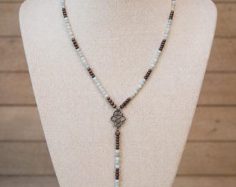 Beaded Lariat Necklace Wood Stone Tone Drop Design