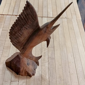 Vintage Hand-Carved Wooden Sailfish Figurine – 11&quot; Tall – Nautical Decor