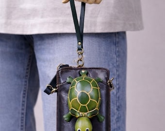 Turtle Shell Cell Phone Carrier Wristlet Crossbody Leather Bag