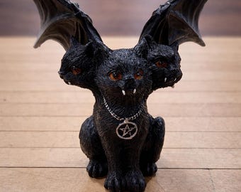 Three Headed Winged Cat Gothic Figurine Pentagram Necklace