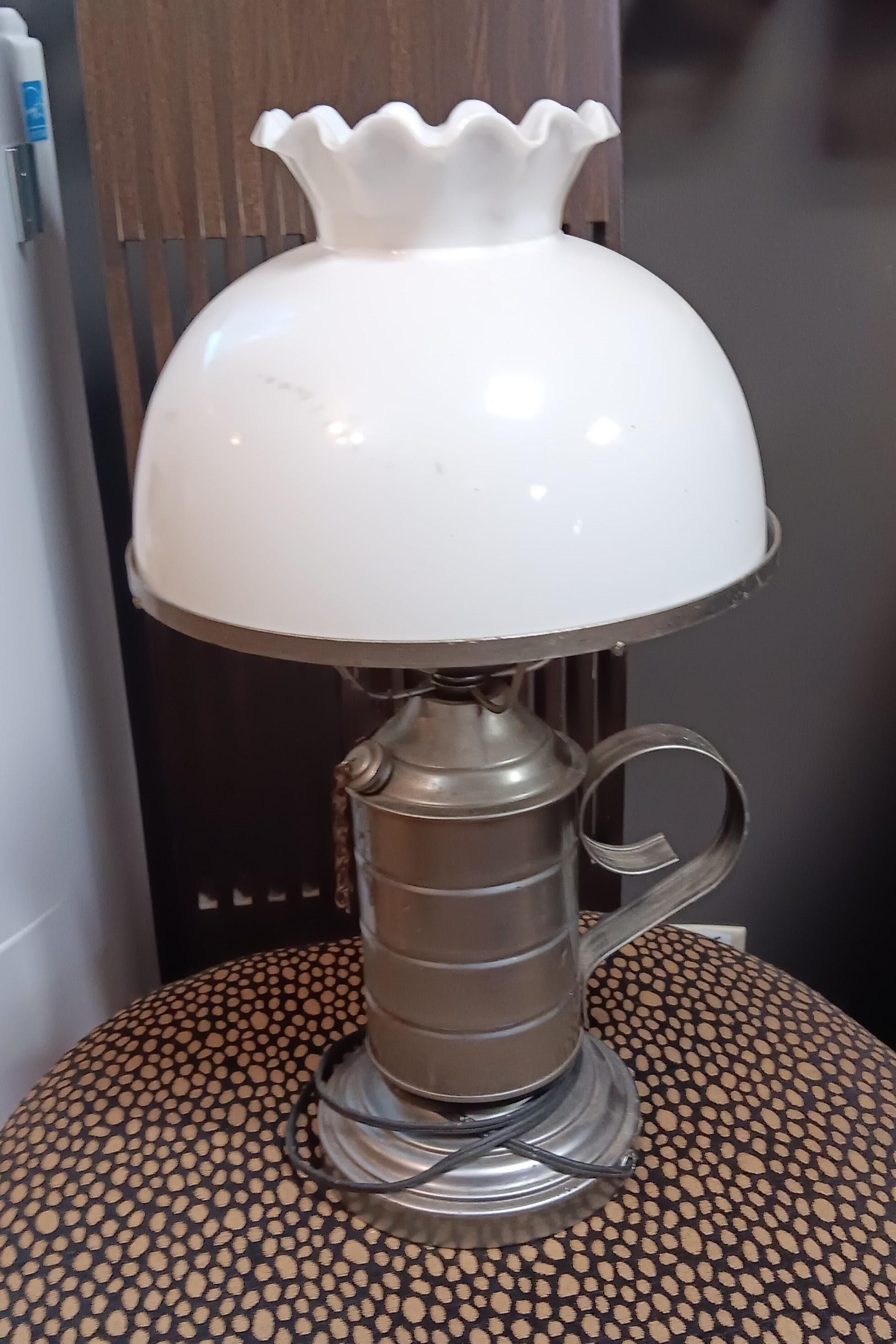 Working Tin Lantern Style Lamp w/ Ruffled Plastic Shade – Reproduction