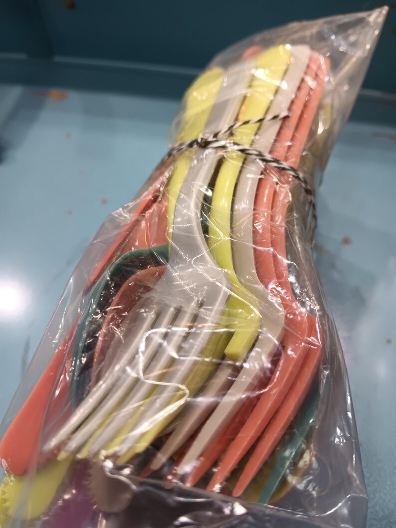 May include: A bundle of colorful plastic forks in a clear plastic bag. The forks are in shades of yellow, white, orange, and teal, tied together with black and white twine. The forks are for a picnic or party.