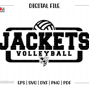 May include: Black and white graphic design with the text "JACKETS VOLLEYBALL" in a bold, striped font. A volleyball and a stylized bee are included in the design.