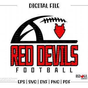 Może przedstawiać: Logo Red Devils Football z czerwoną głową diabła i czarno-białą grafiką piłki nożnej. Tekst jest w kolorze czerwonym i czarnym.