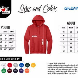 May include: Red Owl Graphics size chart for youth and adult Gildan hoodies. The chart shows sizes and corresponding width and length measurements in inches. The chart also includes a color chart with various colors for the hoodies.