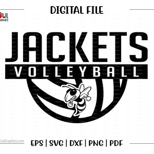 May include: Black and white graphic design featuring a volleyball with a bee mascot and the text "JACKETS VOLLEYBALL".