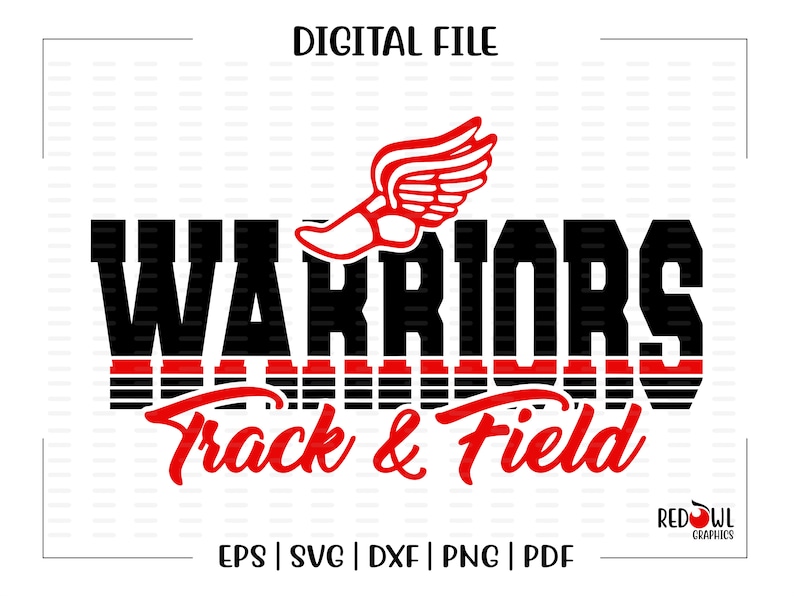 Puede incluir: Dise&ntilde;o gr&aacute;fico en negro y rojo con el texto "WARRIORS Track & Field" y una zapatilla de correr roja con un dise&ntilde;o de ala.
