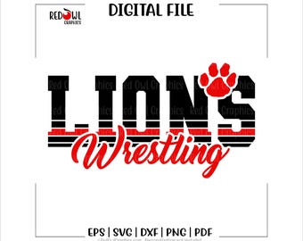 Puede incluir: Un diseño de archivo digital con el texto "LIONS Wrestling" en negro y rojo. La palabra "LIONS" está en negrita, con un diseño de bloque, con una huella de pata roja encima de la letra "S". La palabra "Wrestling" está en cursiva.