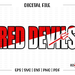Może przedstawiać: Tekst "Red Devils" z czerwono-białym paskiem ukośnym i czarnym motywem trójzębu. Tekst jest pogrubiony, czarny.