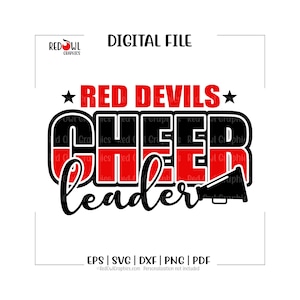 Może przedstawiać: Cyfrowy plik z napisem "RED DEVILS CHEER LEADER" w kolorze czerwonym i czarnym. Projekt zawiera grafikę megafonu i gwiazdki, idealny dla drużyn cheerleaderek. Formaty plików obejmują EPS, SVG, DXF, PNG i PDF.