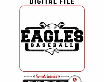 以下が含まれることがあります： 「EAGLES BASEBALL」の文字が入った白黒のデジタルファイルデザイン。デザインには野球ボール、ワシの頭、そして「DIGITAL FILE」の文字が含まれています。含まれる形式：SVG、EPS、PNG、PDF、DXF。