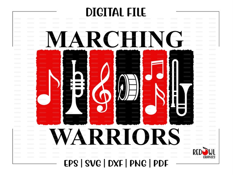 Puede incluir: Dise&ntilde;o gr&aacute;fico en negro y rojo con el texto "MARCHING WARRIORS". El dise&ntilde;o presenta instrumentos musicales, incluyendo una trompeta, un tambor, un tromb&oacute;n y notas musicales.