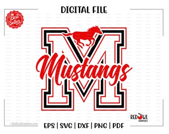 May include: A digital file for a red and black graphic design of a horse silhouette with the word "Mustangs" in red text. The design is perfect for a school mascot or sports team.