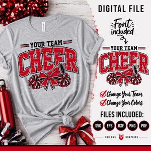 May include: A heather gray t-shirt featuring a graphic with the text YOUR TEAM CHEER, a megaphone, and pom-poms. The design includes a red and black bow. The image also displays digital file information, including file formats like SVG, EPS, DXF, PNG, and PDF.