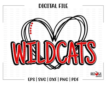 May include: Red and black graphic design with a heart shape and the word "WILDCATS" in bold red letters.