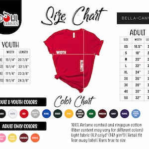 Pode incluir: Tabela de tamanhos para camisetas infantis e adultas. A tabela mostra as medidas de largura e comprimento em polegadas para cada tamanho. A tabela tamb&eacute;m inclui uma tabela de cores com v&aacute;rias cores para as camisetas.