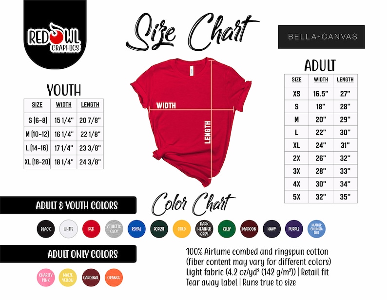 Pode incluir: Tabela de tamanhos para camisetas infantis e adultas. A tabela mostra as medidas de largura e comprimento em polegadas para cada tamanho. A tabela tamb&eacute;m inclui uma tabela de cores com v&aacute;rias cores para as camisetas.