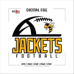 May include: A digital file design featuring a football with a yellow and black bee mascot. The text "JACKETS FOOTBALL" is in yellow and black. The design includes file type options: EPS, SVG, DXF, PNG, and PDF.